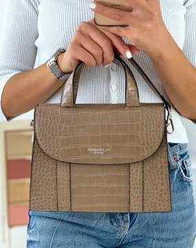 Sac à main trapèze à double ouverture effet croco beige taupe