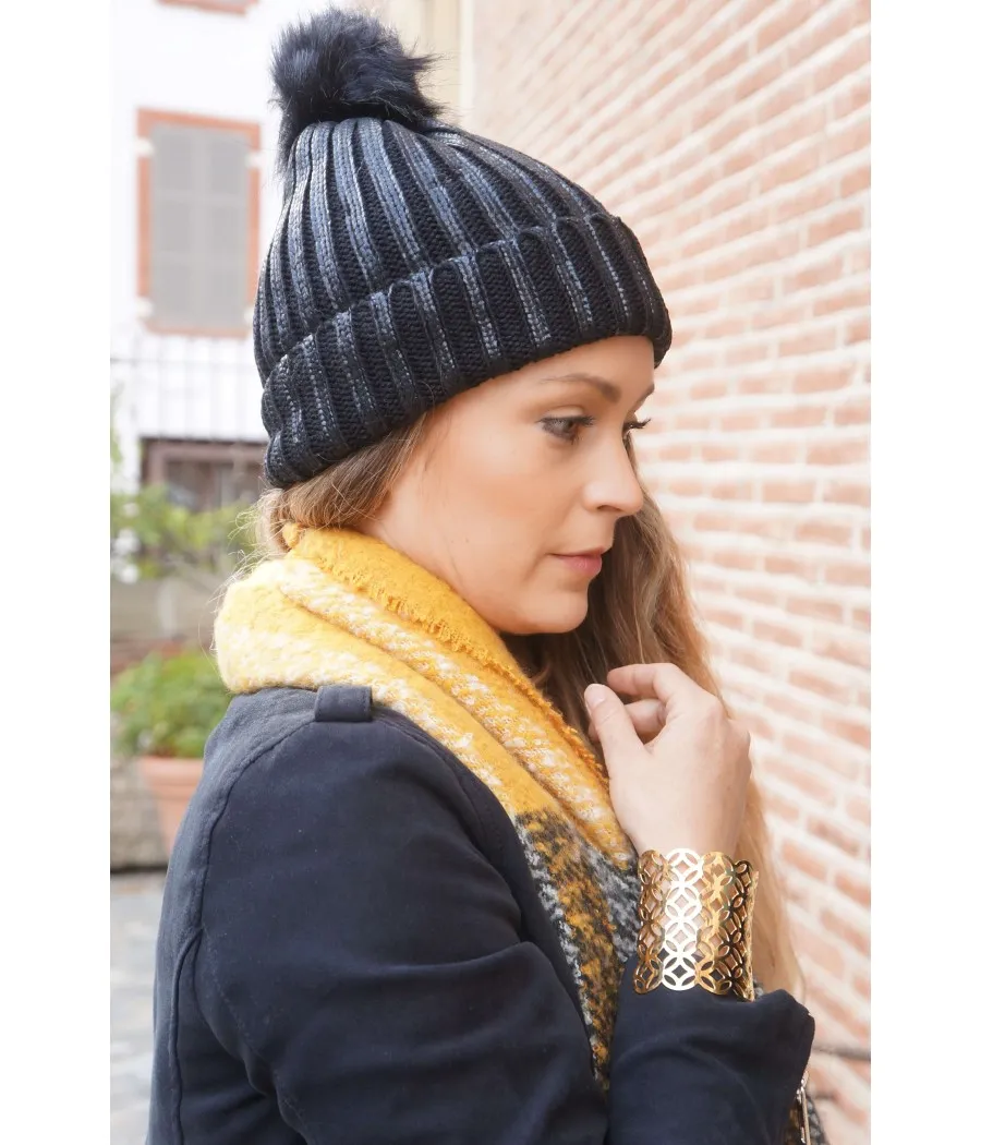 SANTAIA BONNET CHAUD NOIR METALLISE POMPON FOURRURE DOUBLURE POLAIRE