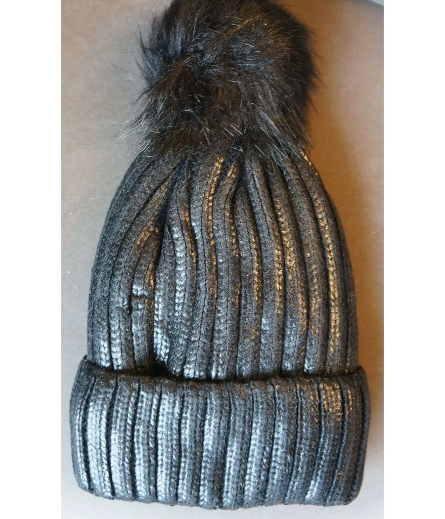 SANTAIA BONNET CHAUD NOIR METALLISE POMPON FOURRURE DOUBLURE POLAIRE