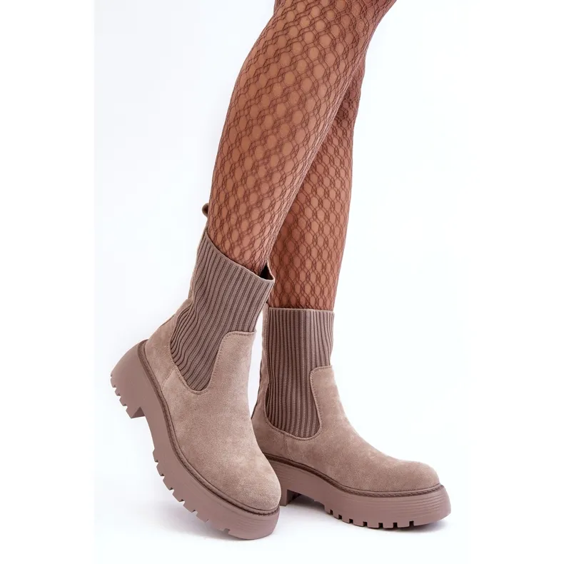 Seastar Bottines En Daim Avec Chaussette Sur Plateforme Et Talon Plat, Beige Foncé Rewam