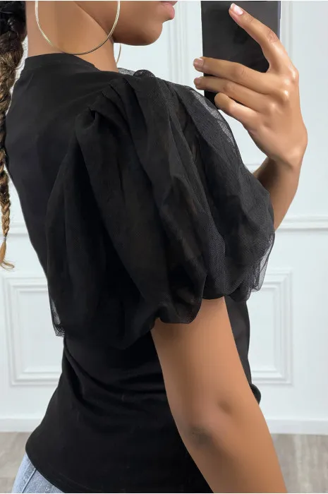 T-shirt noir à manches courtes bouffantes