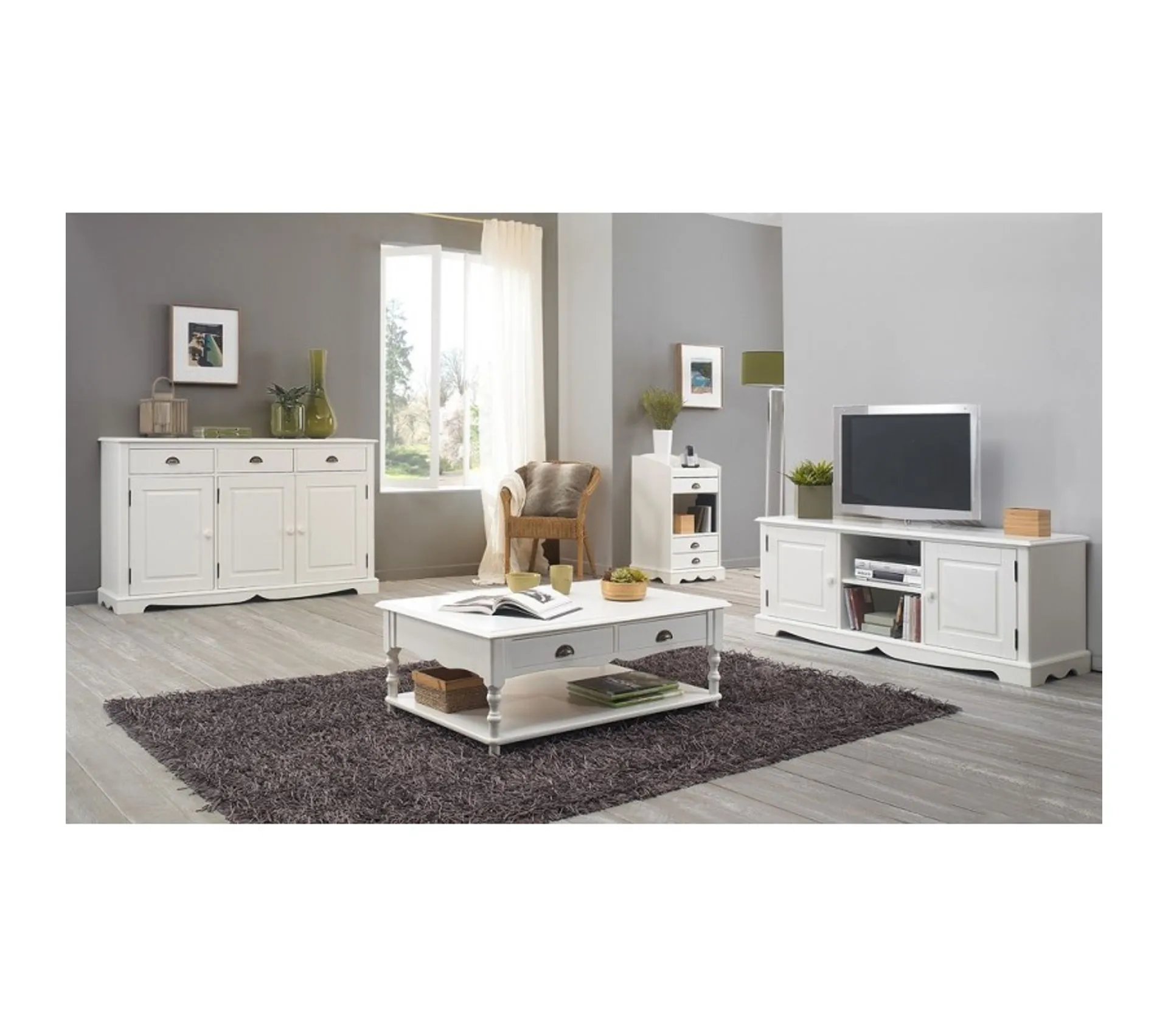 Table Basse 2 Tiroirs Blanche Style Anglais 1 Niche L 100 H 38 P 70 Cm