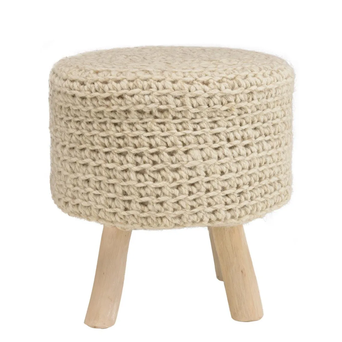 Tabouret rond 40x40cm laine tressée ivoire pieds bois naturel SACHA | 3 Suisses