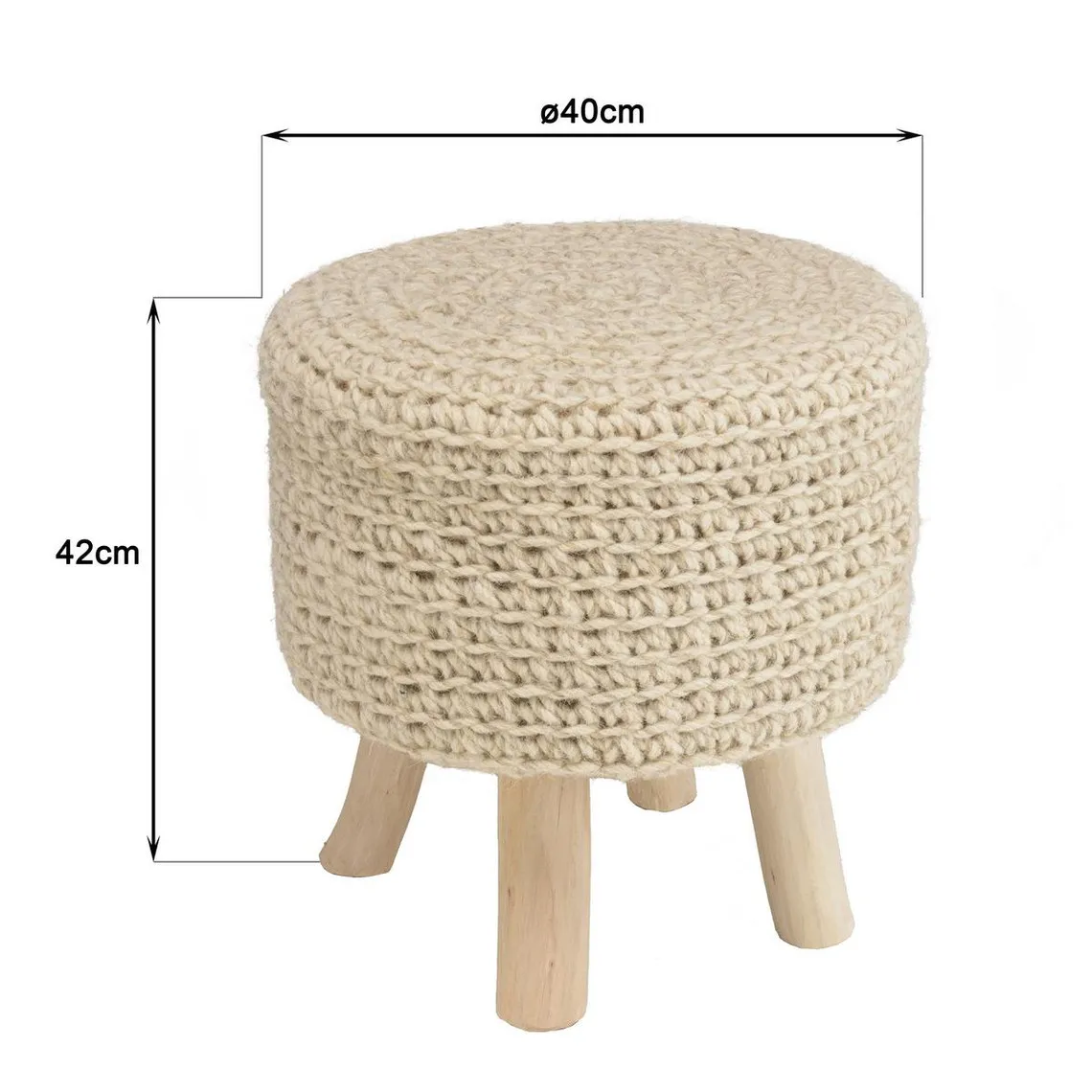 Tabouret rond 40x40cm laine tressée ivoire pieds bois naturel SACHA | 3 Suisses