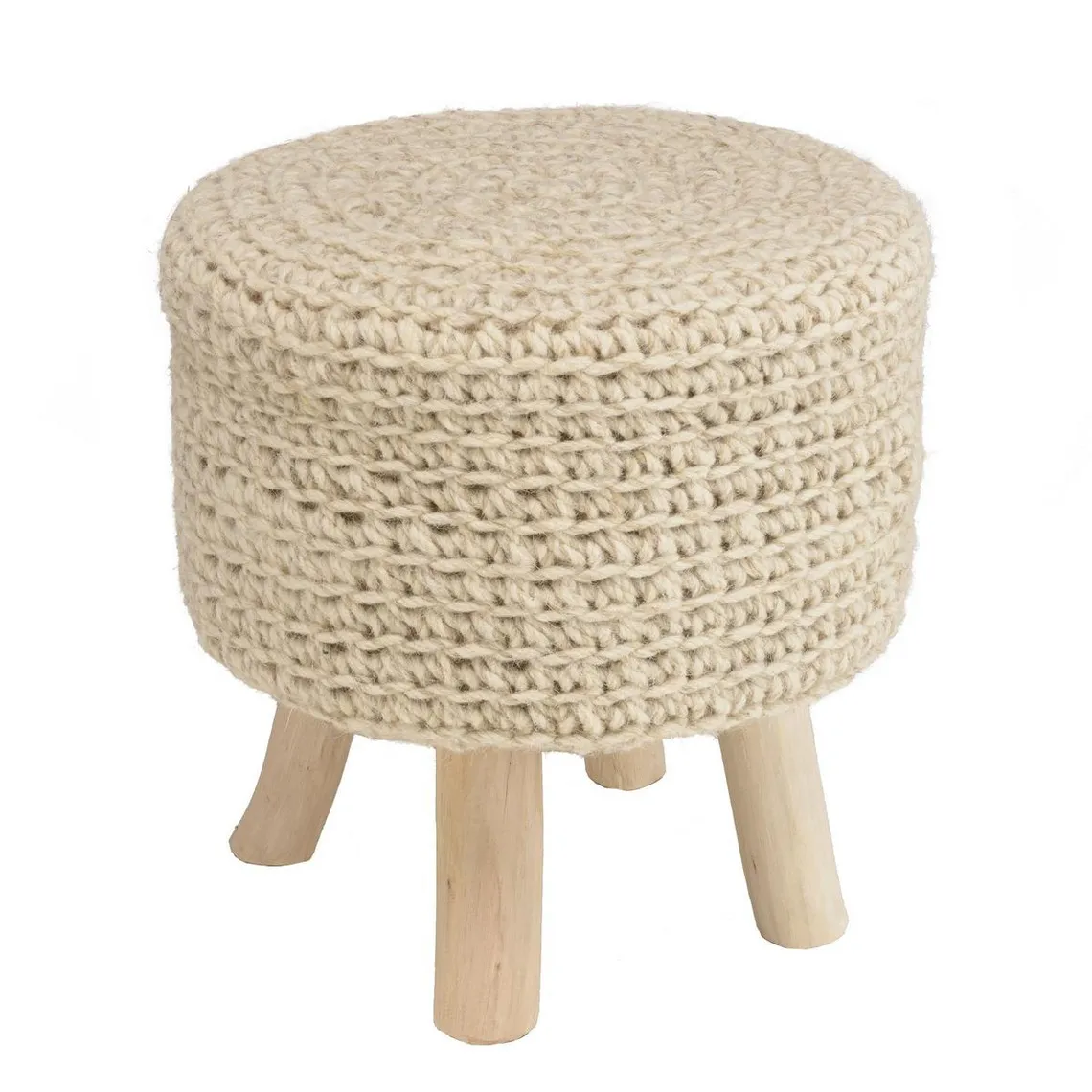 Tabouret rond 40x40cm laine tressée ivoire pieds bois naturel SACHA | 3 Suisses