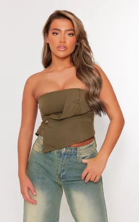 Top bustier style gilet sans manches en maille tissée kaki