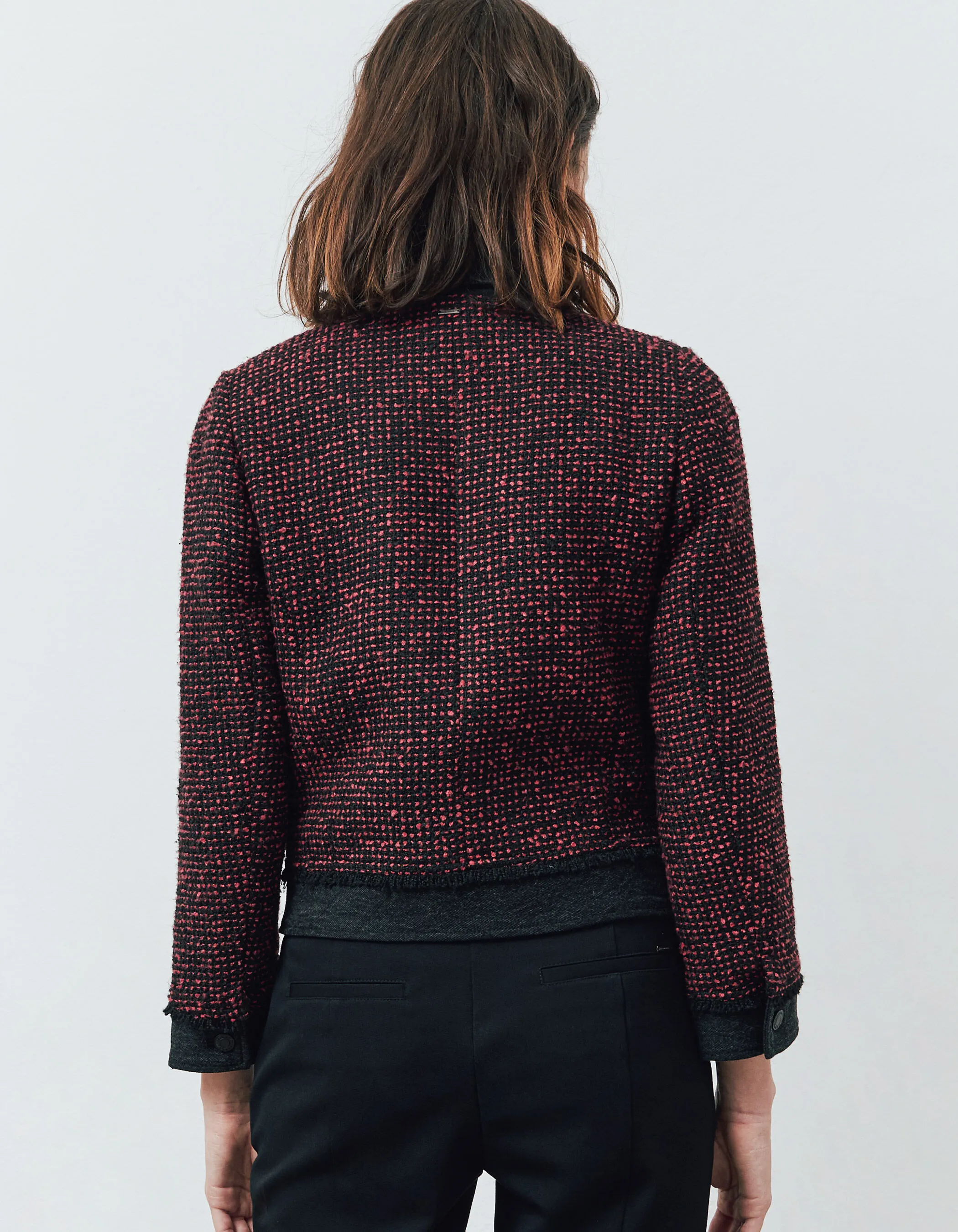 Veste bi-matière en tweed et denim rouge et noir femme