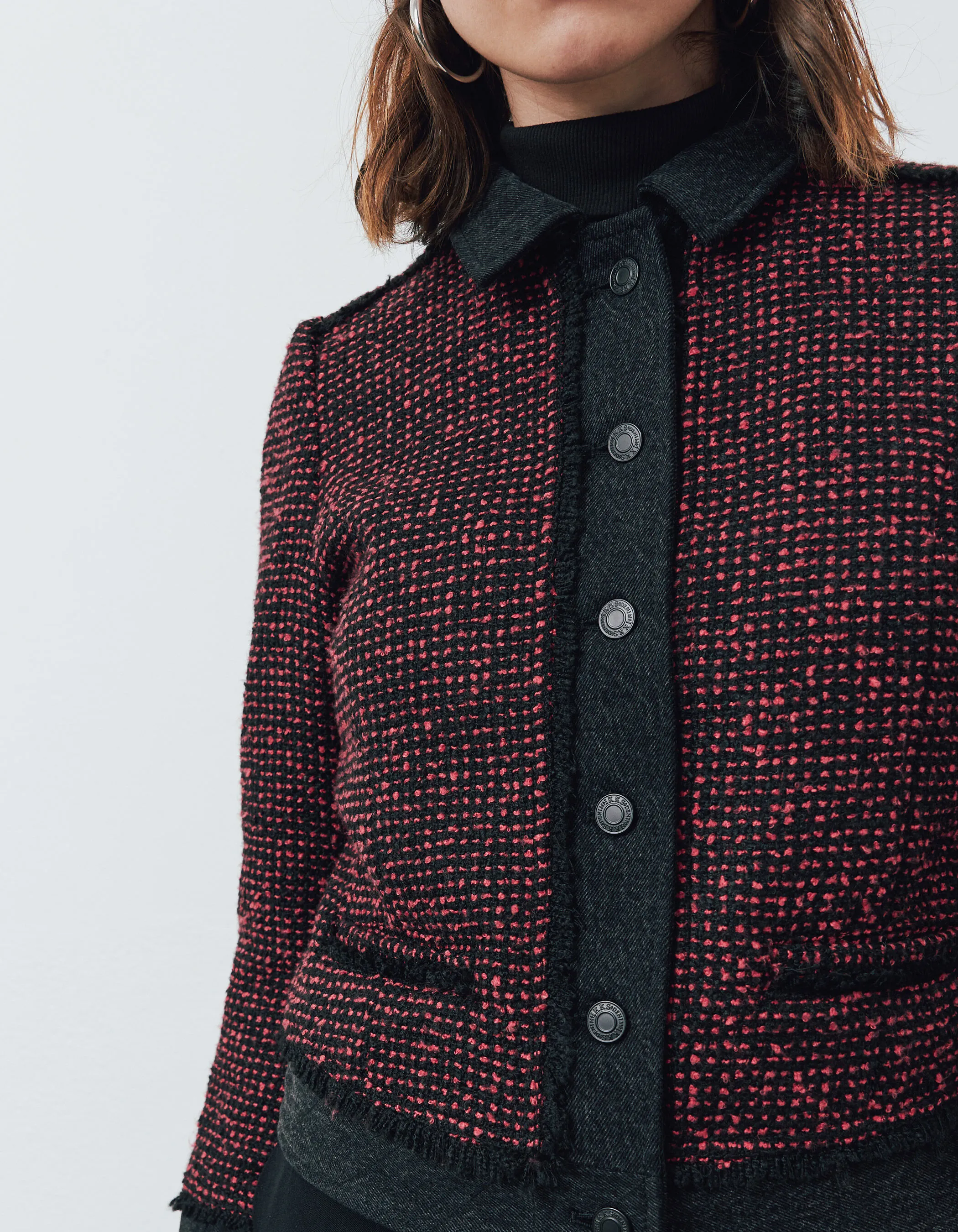 Veste bi-matière en tweed et denim rouge et noir femme