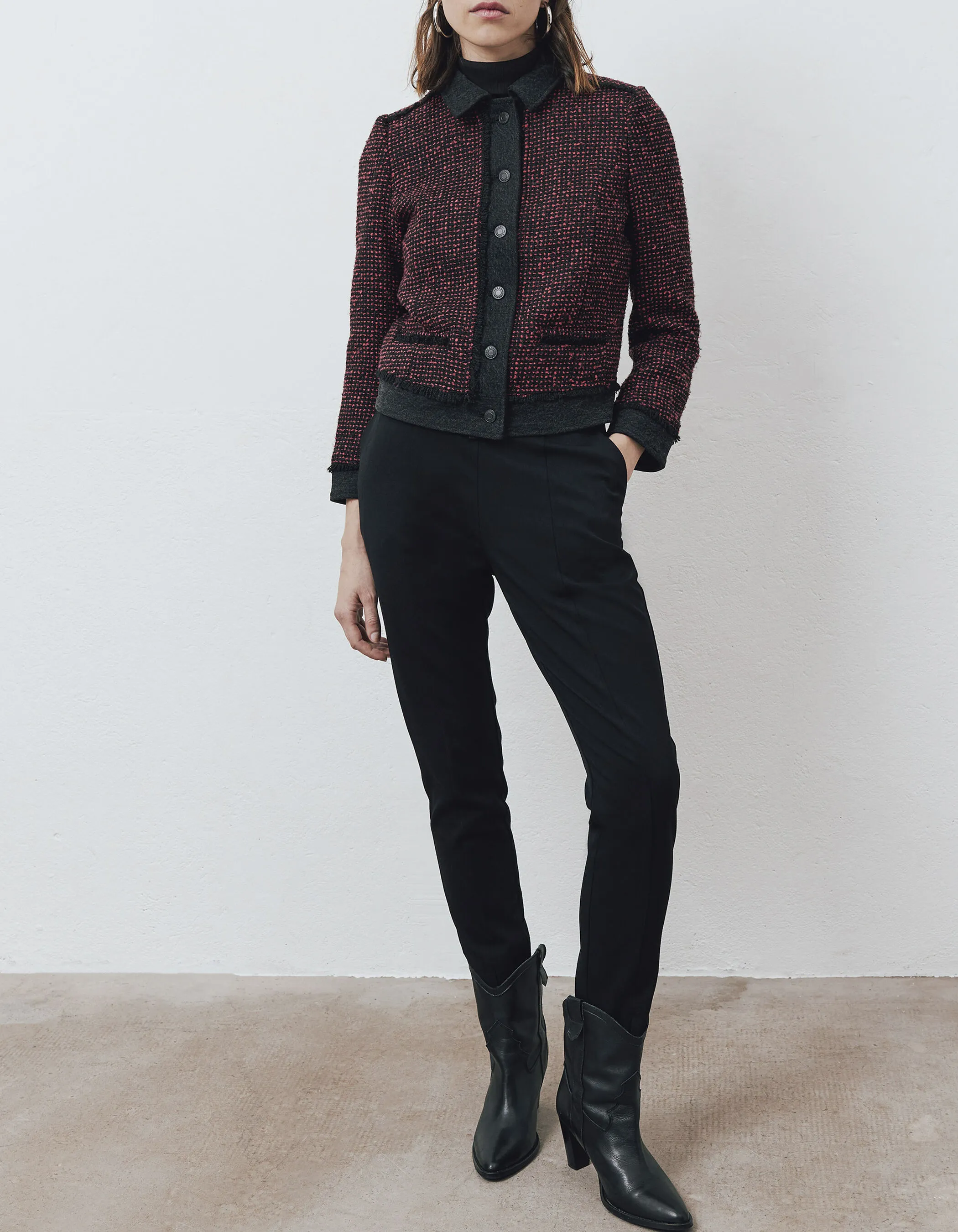 Veste bi-matière en tweed et denim rouge et noir femme