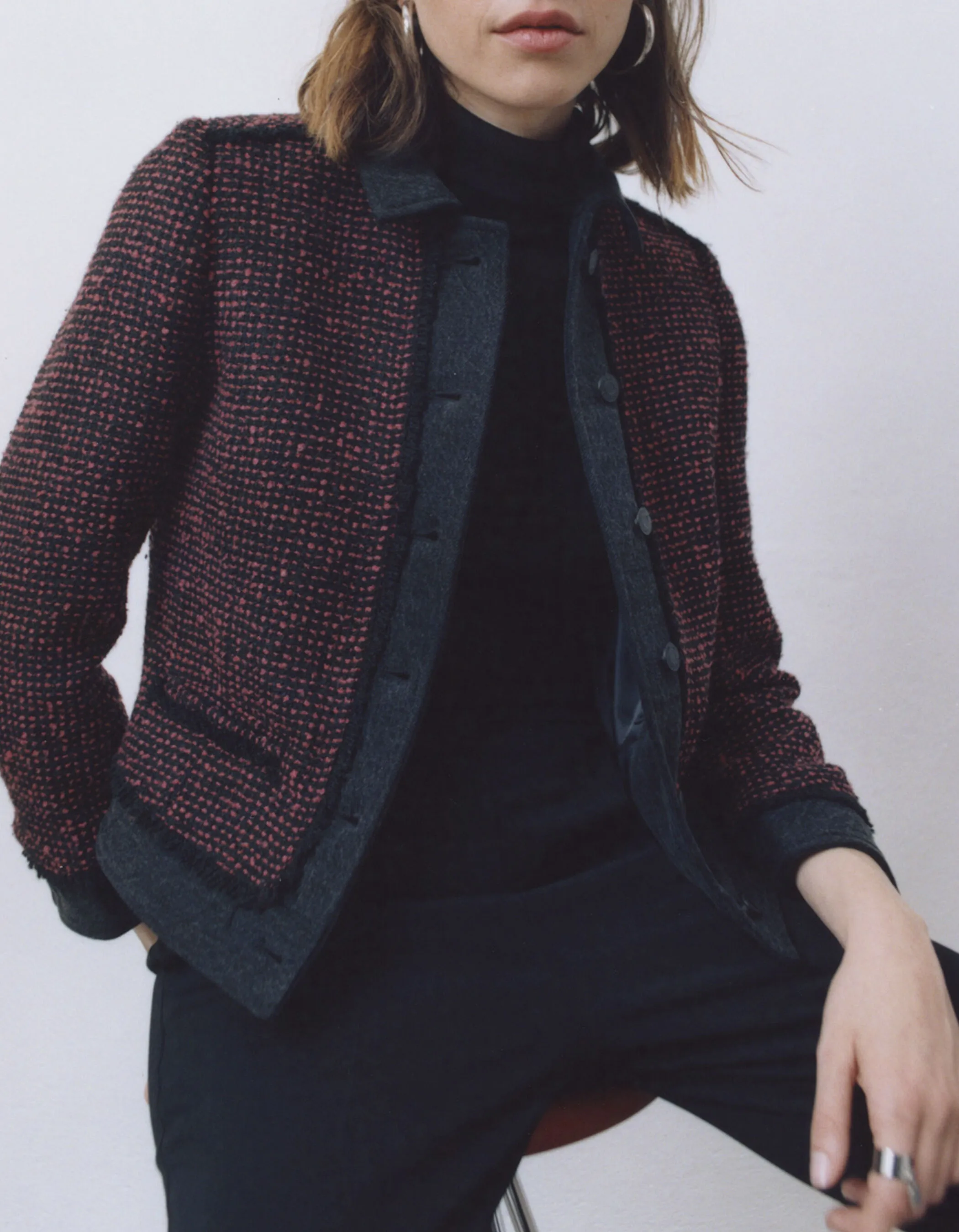 Veste bi-matière en tweed et denim rouge et noir femme