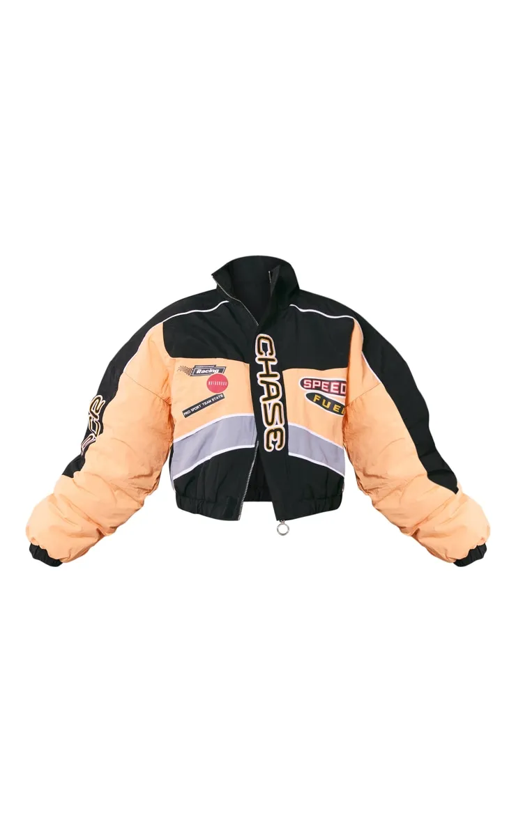 Veste bomber courte en nylon pêche à slogan Racer brodé