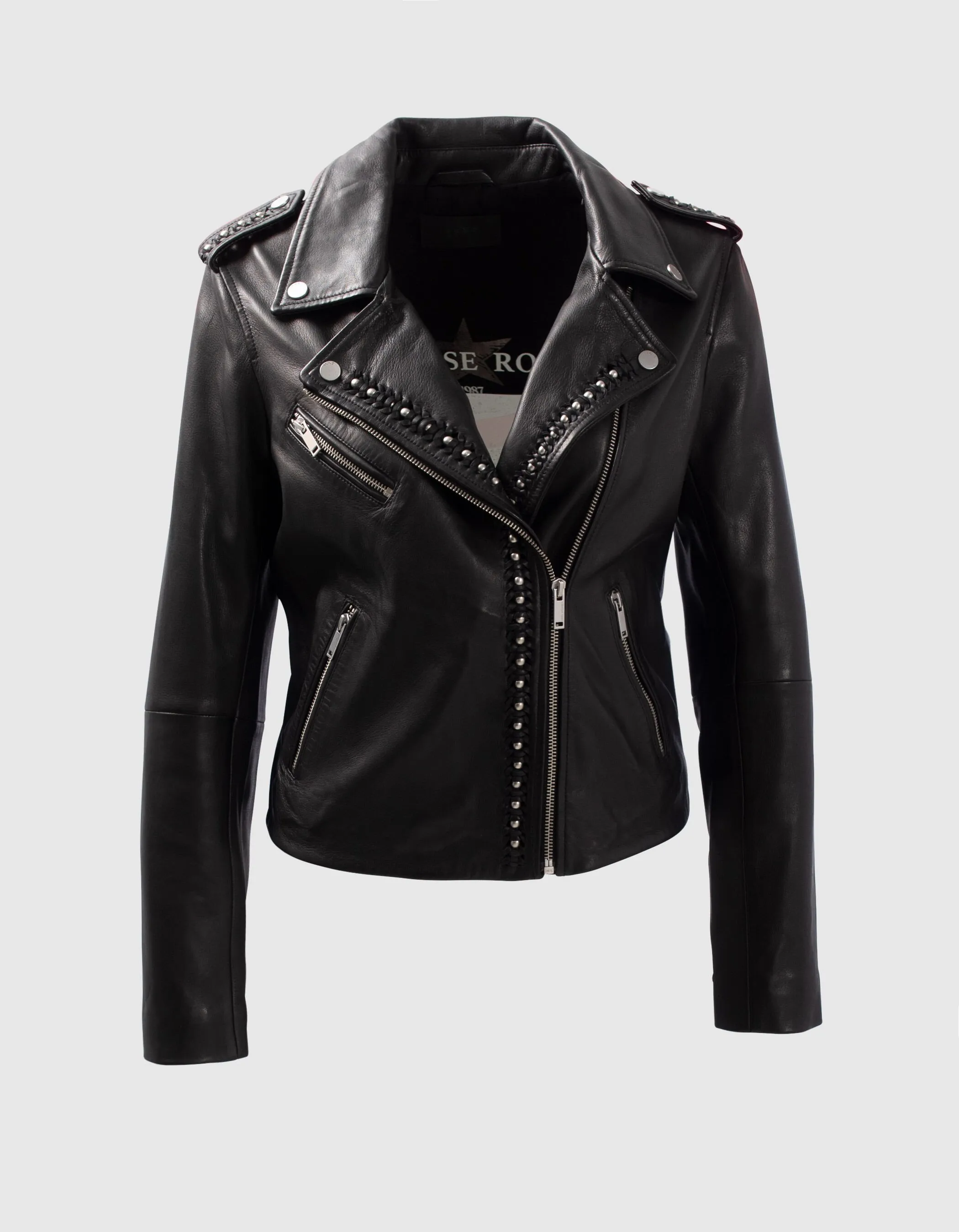 Veste en cuir noir esprit motard tressage perles Femme