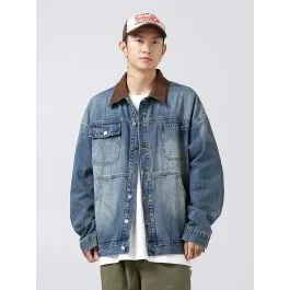 Veste en denim lavé vieilli avec col stylé pour homme
