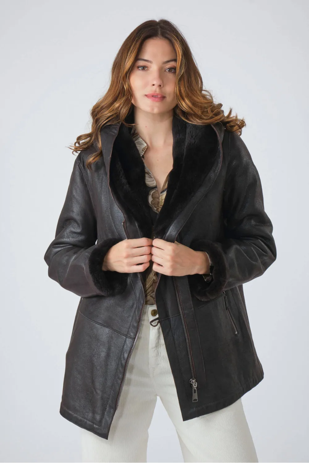 Veste en peau lainée femme, Levinsky - TARA70 MARRON | Cesare Nori
