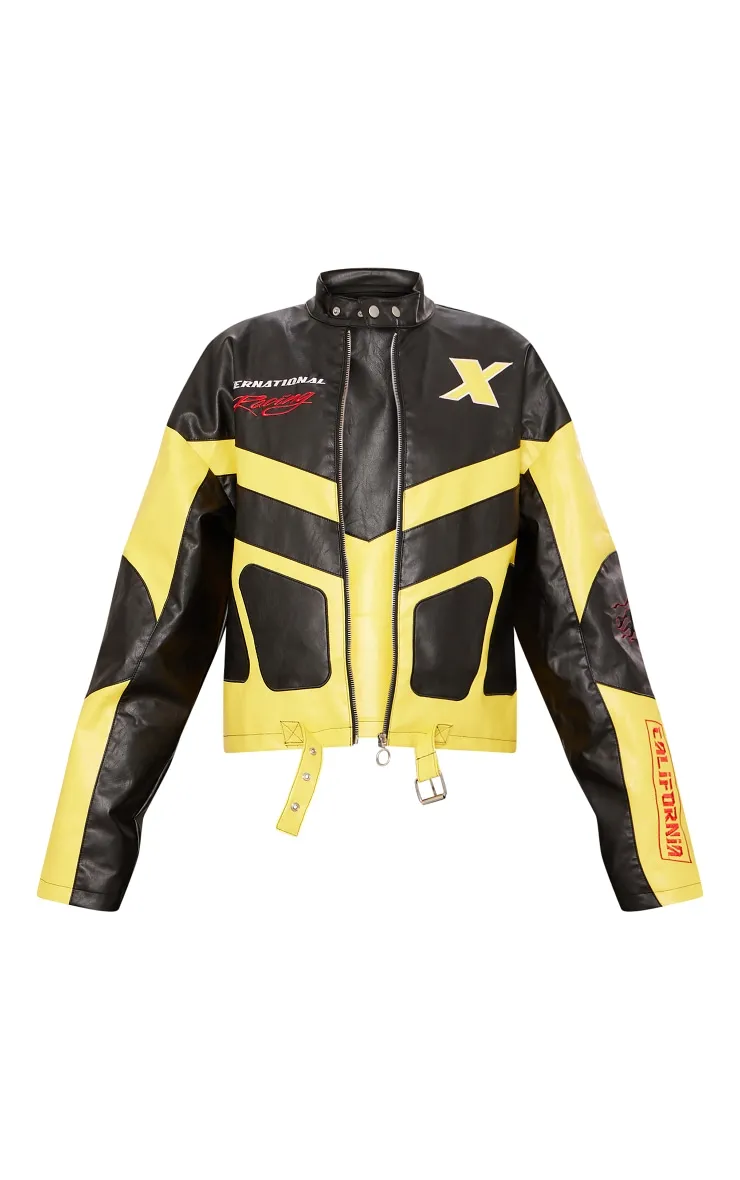 Veste en PU jaune oversize à parties contrastantes style motorcross