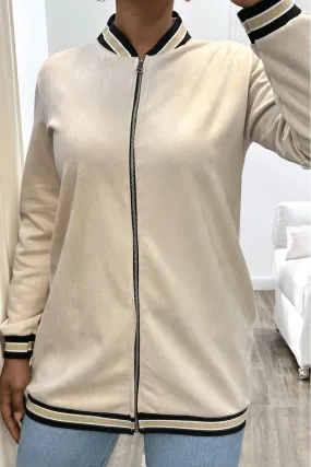 Veste en suédine beige avec borcotte au col aux manches et en bas