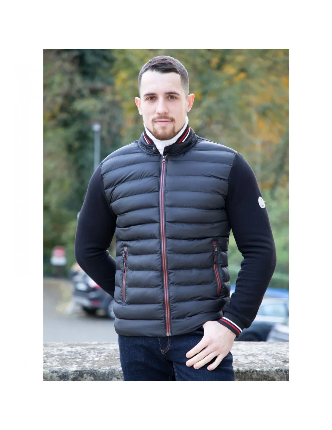 Veste mi saison homme noir bi-matière coton & effet matelassé
