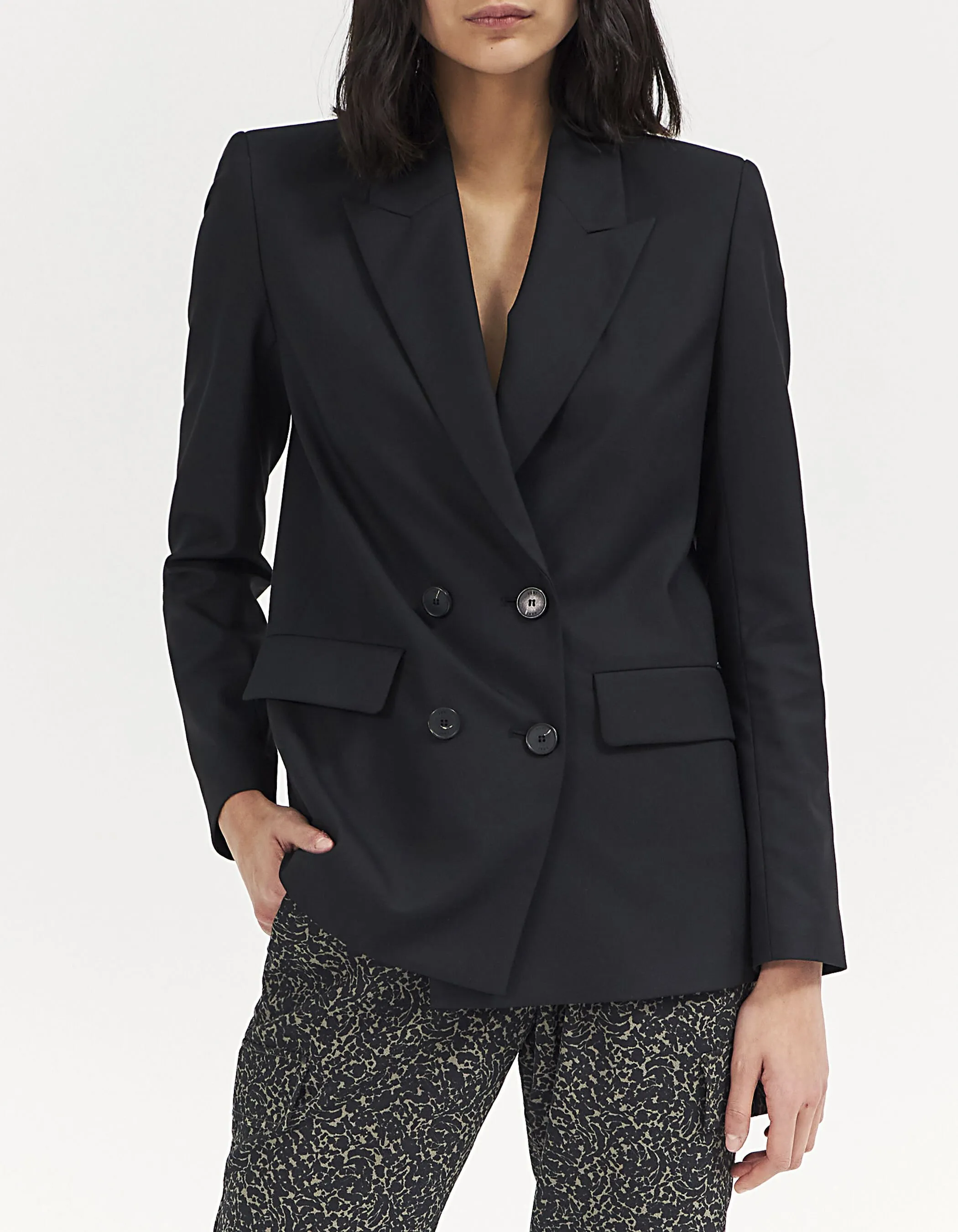 Veste tailleur en crêpe noir double boutonnage femme