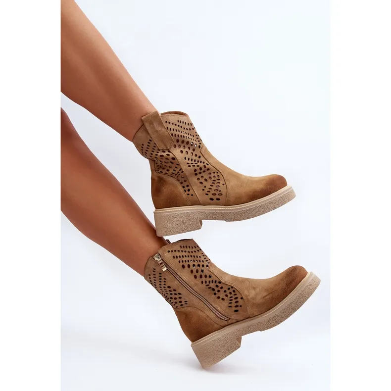 Zazoo 3470 Bottines Femme en Daim à Talon Plat, Ajourées, Beige